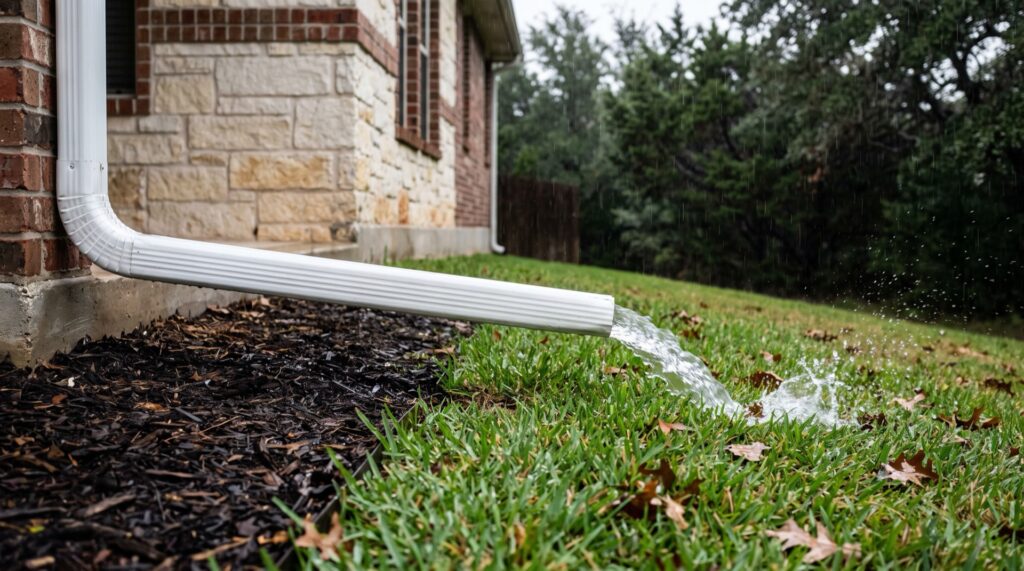 White downspout extension carrying rainwater across a mulch bed and discharging onto the lawn several feet away from a stone and brick Central Texas home
