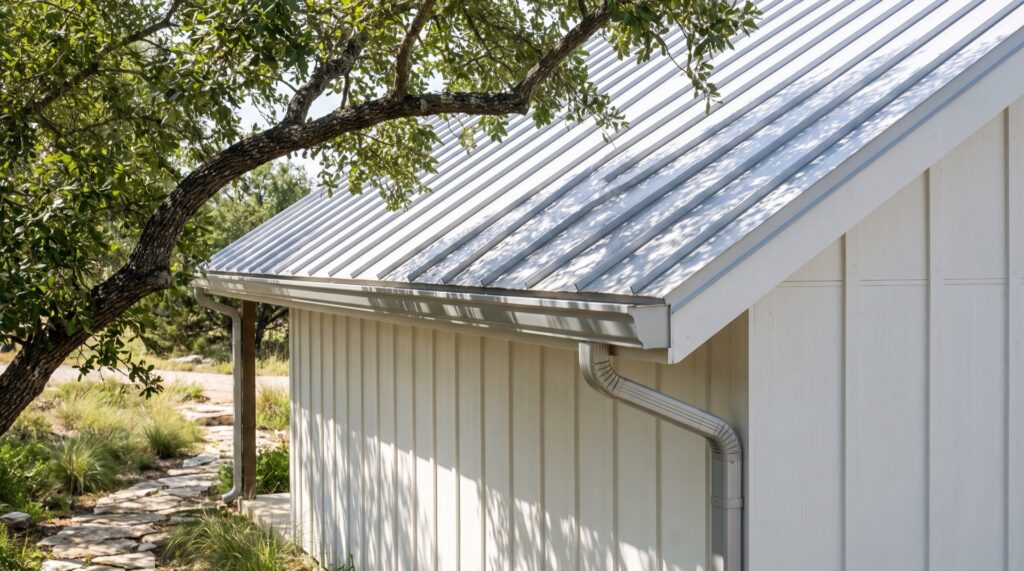 Matte silver seamless Galvalume steel gutter and downspout on a standing seam metal roof farmhouse in the Texas Hill Country, shaded by a live oak