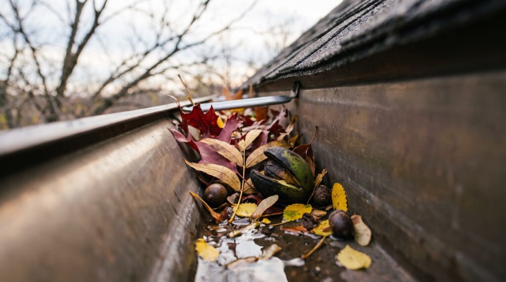 Bronze K-style gutter packed with fall debris from Central Texas trees: pecan leaflets and a split husk, red Texas red oak leaves and acorns, and small yellow cedar elm leaves around trapped water