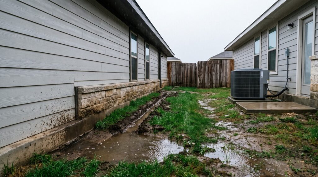 Narrow side yard between two new Central Texas homes with no gutter, showing an eroded drip-line trench, standing water against the slab and mud splashed on the siding