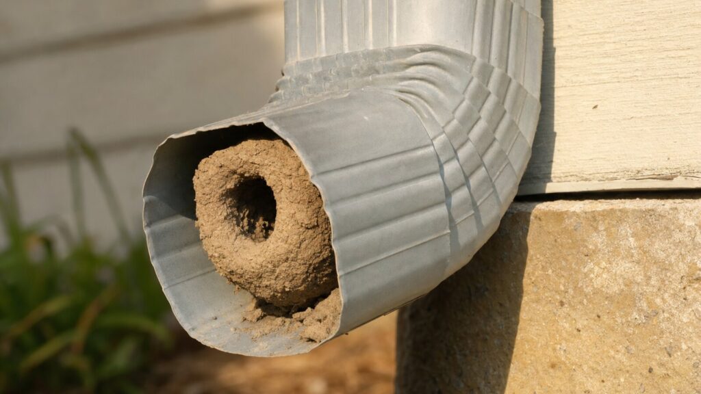 When a mud dauber nest blocks your downspout: a Central Texas summer problem