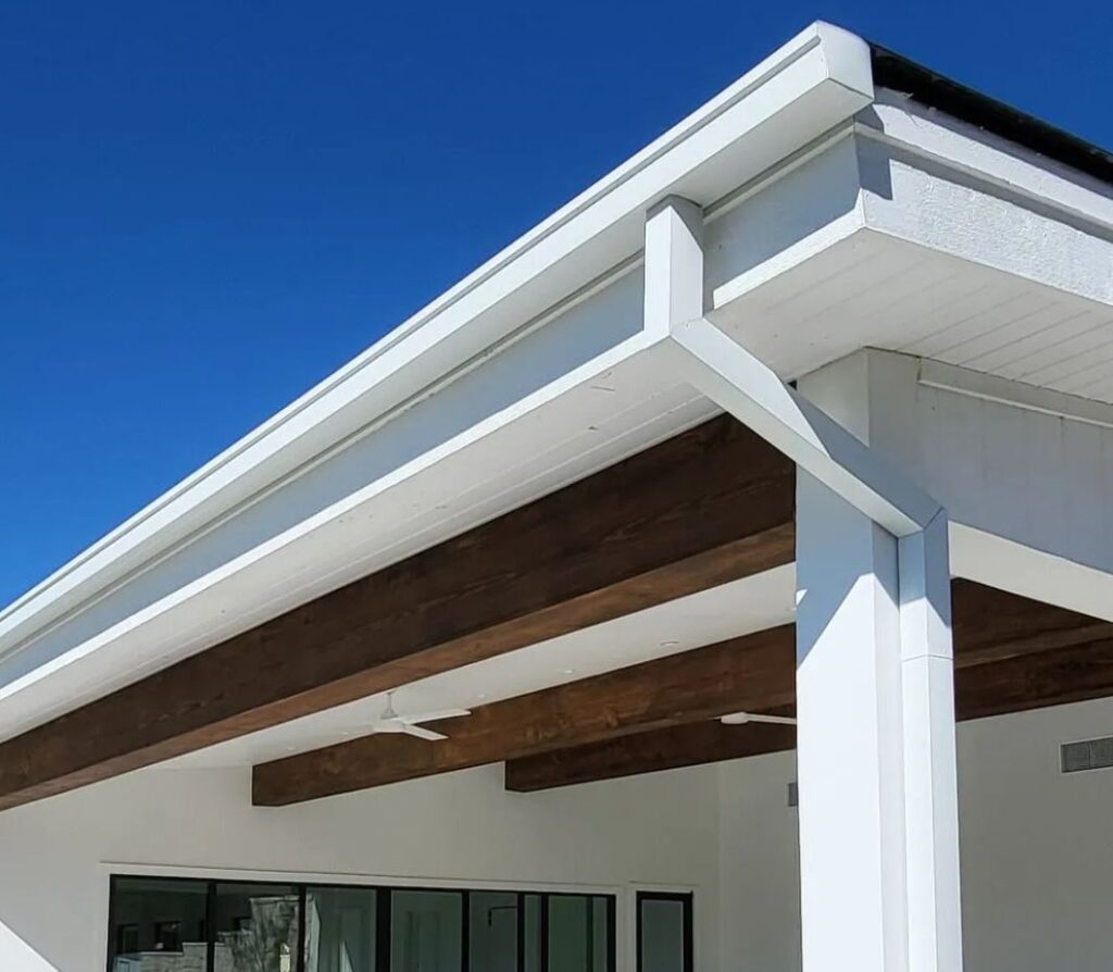 Oversized gutter and wrapped fascia detail on a wide eave overhang