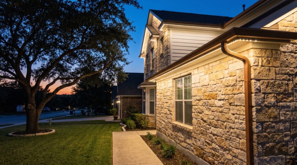 Two-story limestone home in Central Texas at dusk with a warm white permanent light run tucked under the eave above bronze seamless gutters