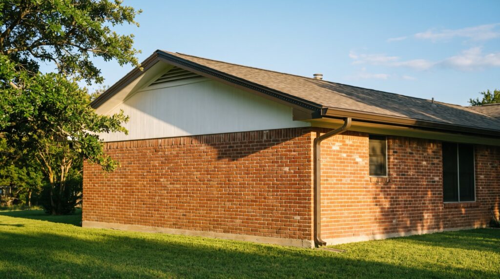 Slim bronze permanent light channel fastened under the drip edge along the gable fascia of a brick Central Texas home, with the seamless gutter on the eave left untouched